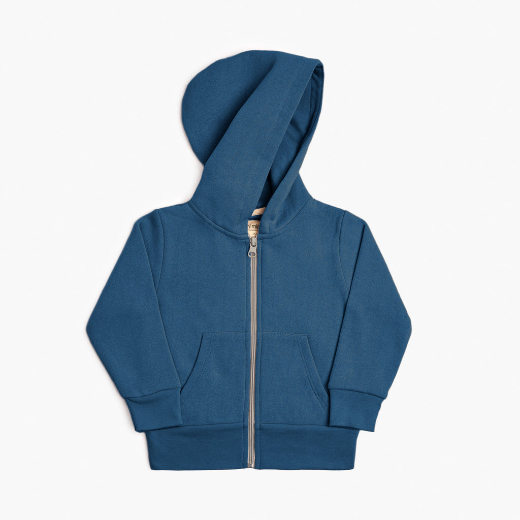 Plush Hoodie - 100% GOTS Certified Organic Cotton Fleece Hoodies - Cerulean - Toddlers Kids Tweens and Teens - Made in Canada - mini mioche