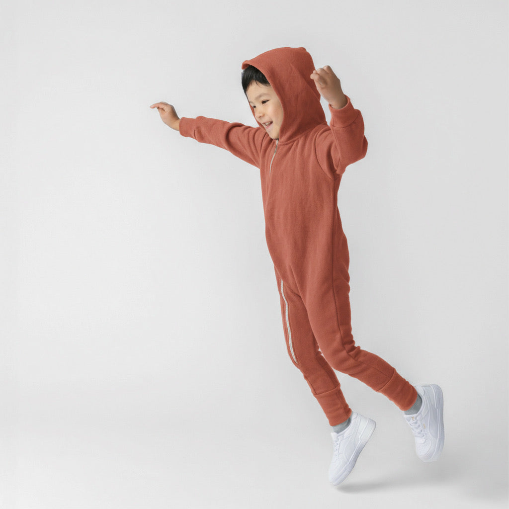 Plush Biker Romper - Organic Cotton Baby and Kids Fleece Rompers - Rust - Newborn to 12 years old - Made in Canada - mini mioche