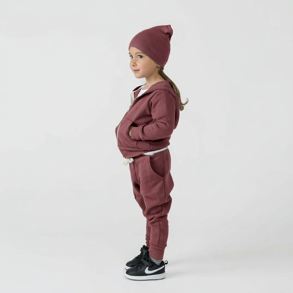Plush Skinny Sweats - 100% GOTS-Certified Organic Cotton Fleece Sweatpants - Pomegranate - Toddler Kids Tweens and Teens - Made in Canada - mini mioche