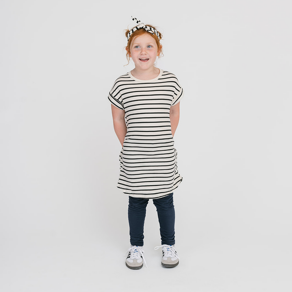 Cloud Rolled Sleeve Dress - Organic Cotton Dresses for Kids and Toddlers - Natural Stripe - Made in Canada - mini mioche