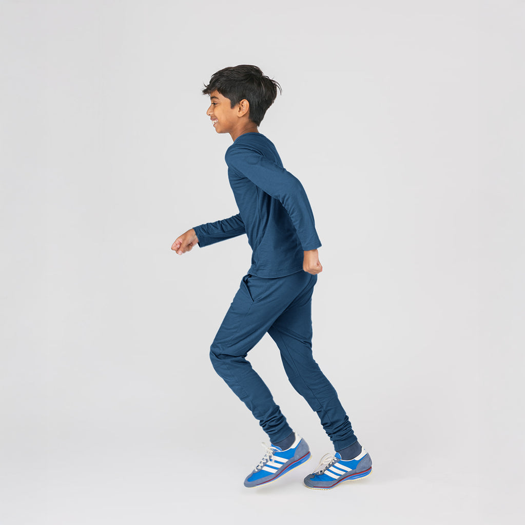 Organic Cotton Kids Sweatpants - Cloud Skinny Sweats - Cerulean - Toddler Kids Tweens Sweatpants - Made in Canada - mini mioche