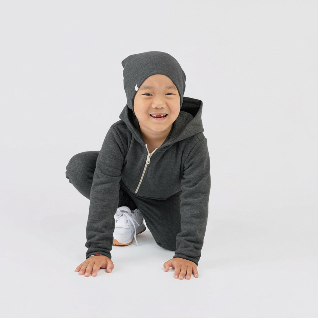 Kids Organic Cotton Sweatpants - Cozy Skinny Sweats - Heather Charcoal - French Terry Sweatpants for Toddlers Kids and Teens - Made in Canada - mini mioche