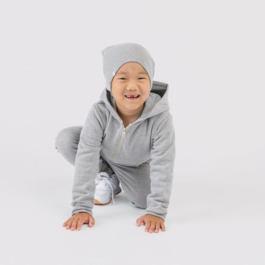 Plush Hoodie - 100% GOTS Certified Organic Cotton Fleece Hoodies - Heather Grey - Toddlers Kids Tweens and Teens - Made in Canada - mini mioche