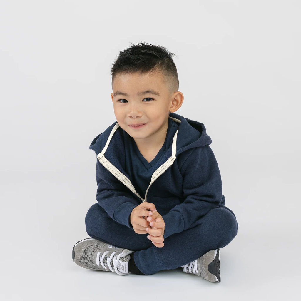Plush Skinny Sweats - 100% GOTS-Certified Organic Cotton Fleece Sweatpants - Navy - Toddler Kids Tweens and Teens - Made in Canada - mini mioche