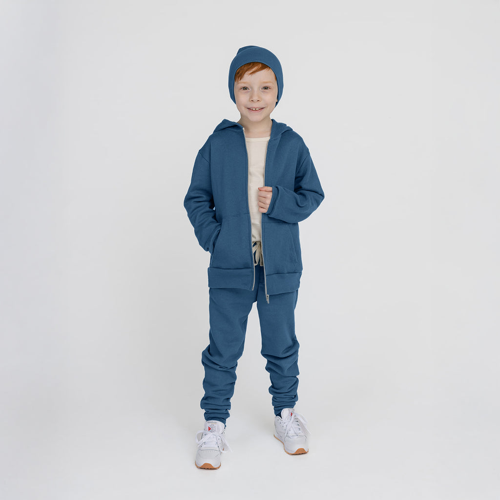 Plush Skinny Sweats - 100% GOTS-Certified Organic Cotton Fleece Sweatpants - Cerulean - Toddler Kids Tweens and Teens - Made in Canada - mini mioche